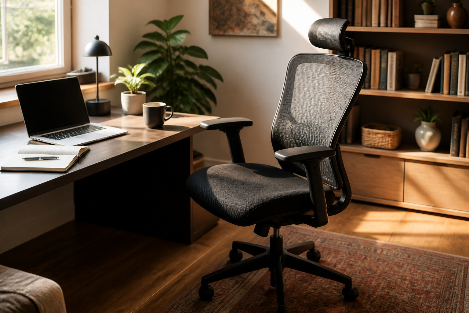 A cozy home office corner with a modern desk chair and warm lighting.