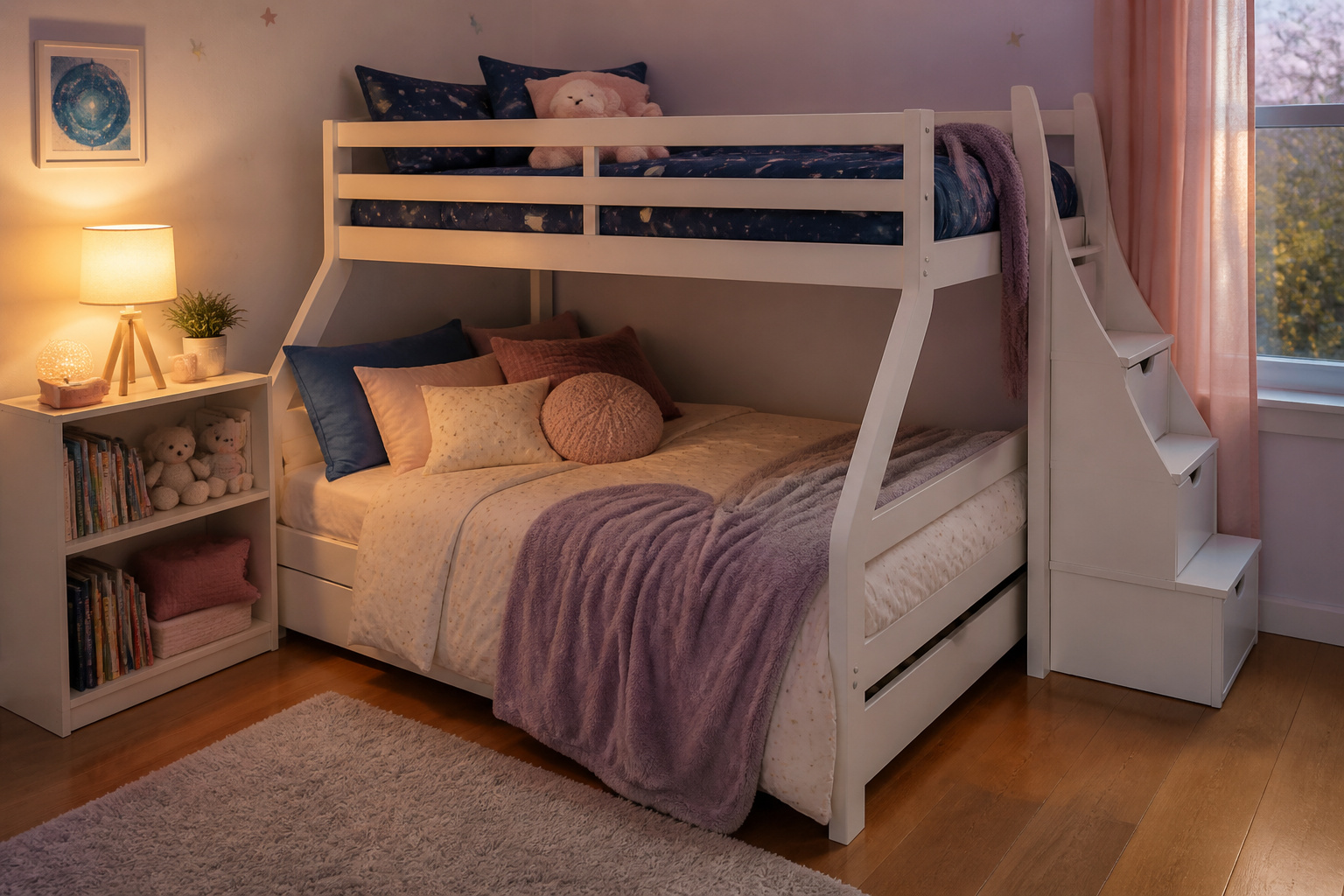 Cozy children's bedroom with a twin over full bunk bed and soft lighting